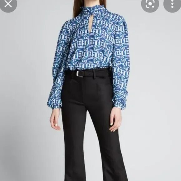 New Toccin Blue Geometric Printed Lantern Tie Neck Blouse $295 - Picture 2 of 3